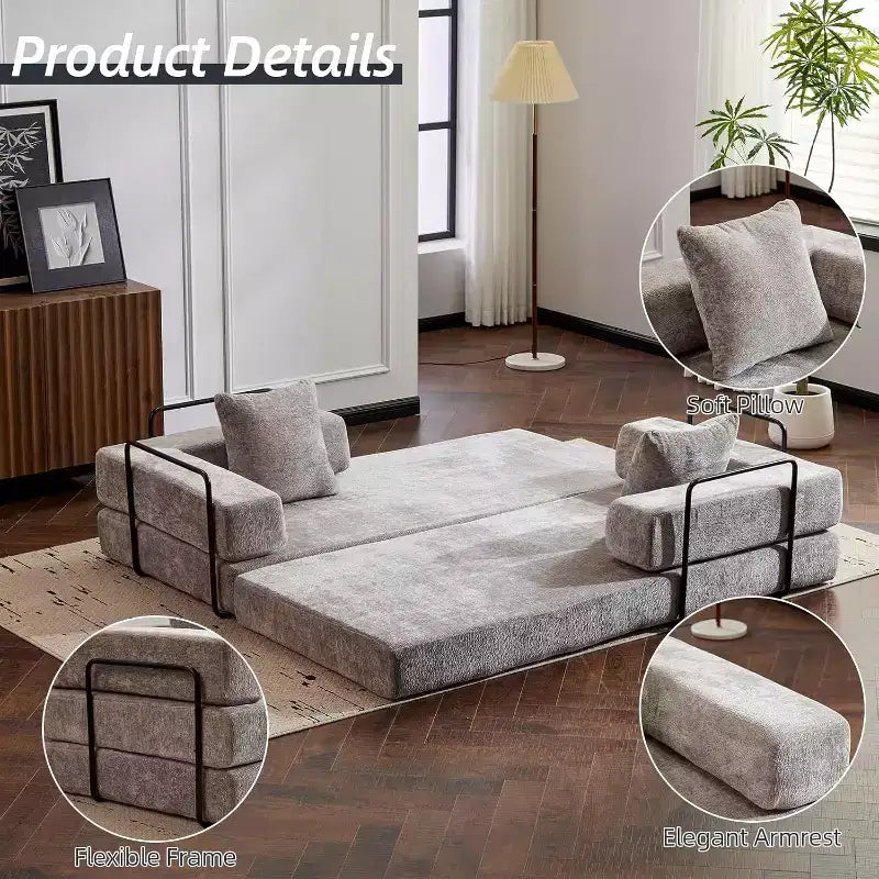 Canapé-lit de sol convertible MooxvMoo, futon en velours côtelé avec coussin, pour salon ou chambre, gris clair