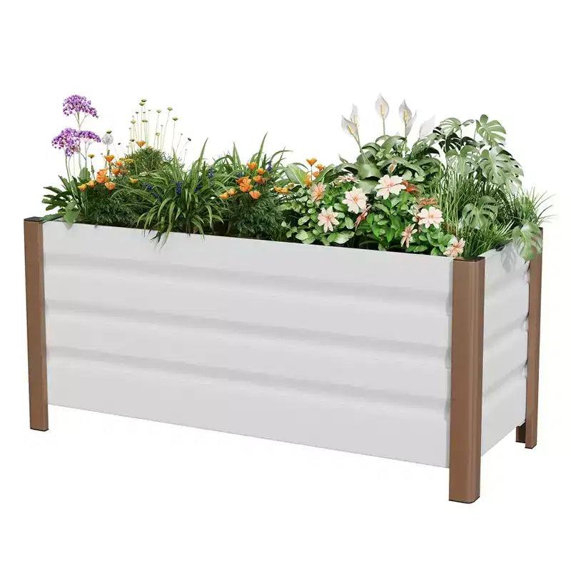 Grand bac jardinière en aluminium blanc, carre de jardin sureleve extra-long avec coins arrondis et bordure de securite anti-coupure