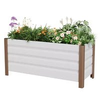 Grand bac jardinière en aluminium blanc, carre de jardin sureleve extra-long avec coins arrondis et bordure de securite anti-coupure