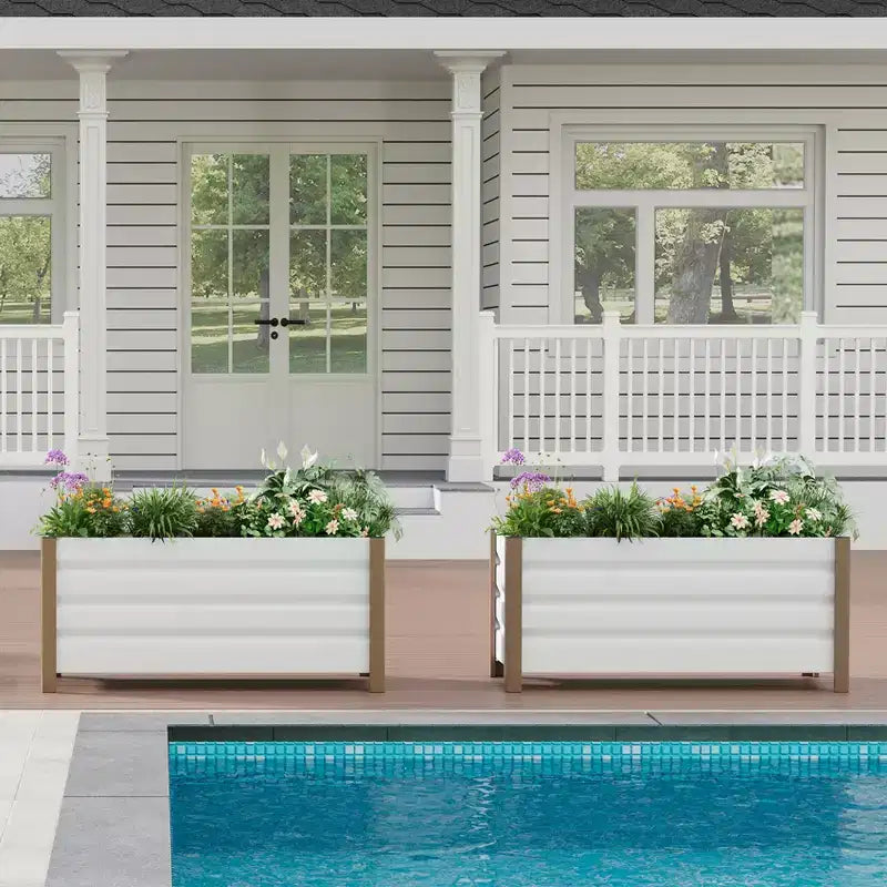 Grand bac jardinière en aluminium blanc, carre de jardin sureleve extra-long avec coins arrondis et bordure de securite anti-coupure