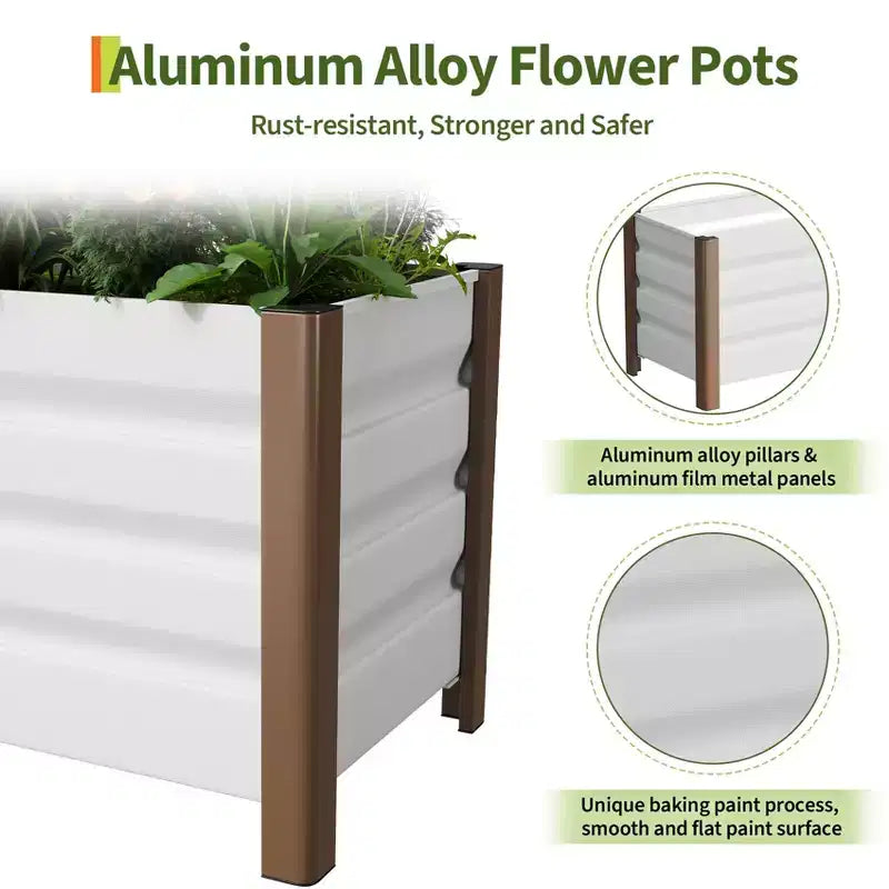 Grand bac jardinière en aluminium blanc, carre de jardin sureleve extra-long avec coins arrondis et bordure de securite anti-coupure