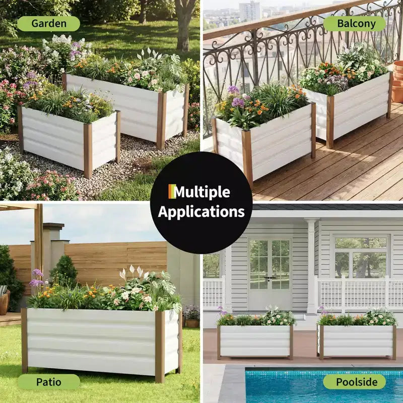 Grand bac jardinière en aluminium blanc, carre de jardin sureleve extra-long avec coins arrondis et bordure de securite anti-coupure