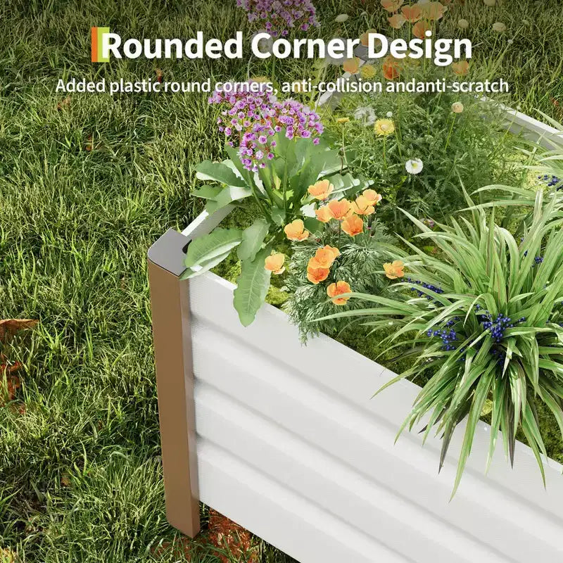 Grand bac jardinière en aluminium blanc, carre de jardin sureleve extra-long avec coins arrondis et bordure de securite anti-coupure