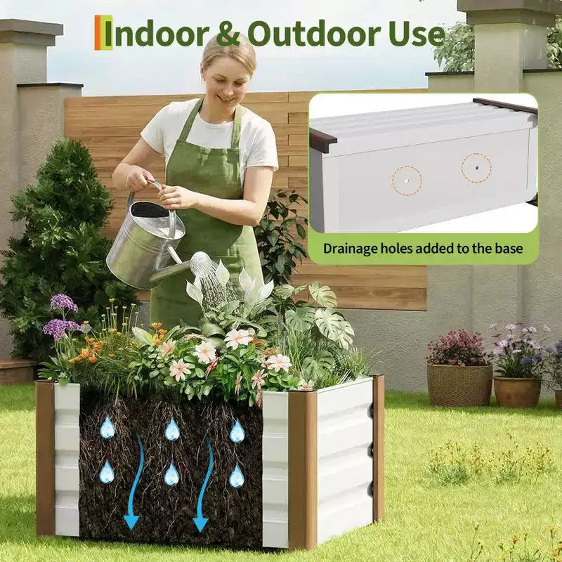 Grand bac jardinière en aluminium blanc, carre de jardin sureleve extra-long avec coins arrondis et bordure de securite anti-coupure