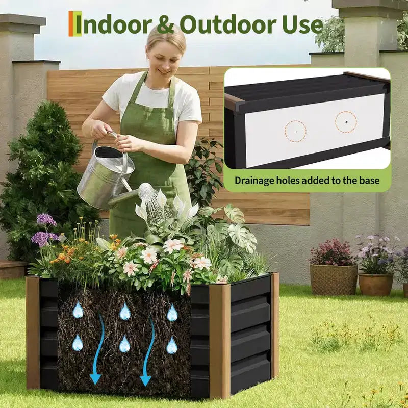 Grand bac jardinière en aluminium blanc, carre de jardin sureleve extra-long avec coins arrondis et bordure de securite anti-coupure