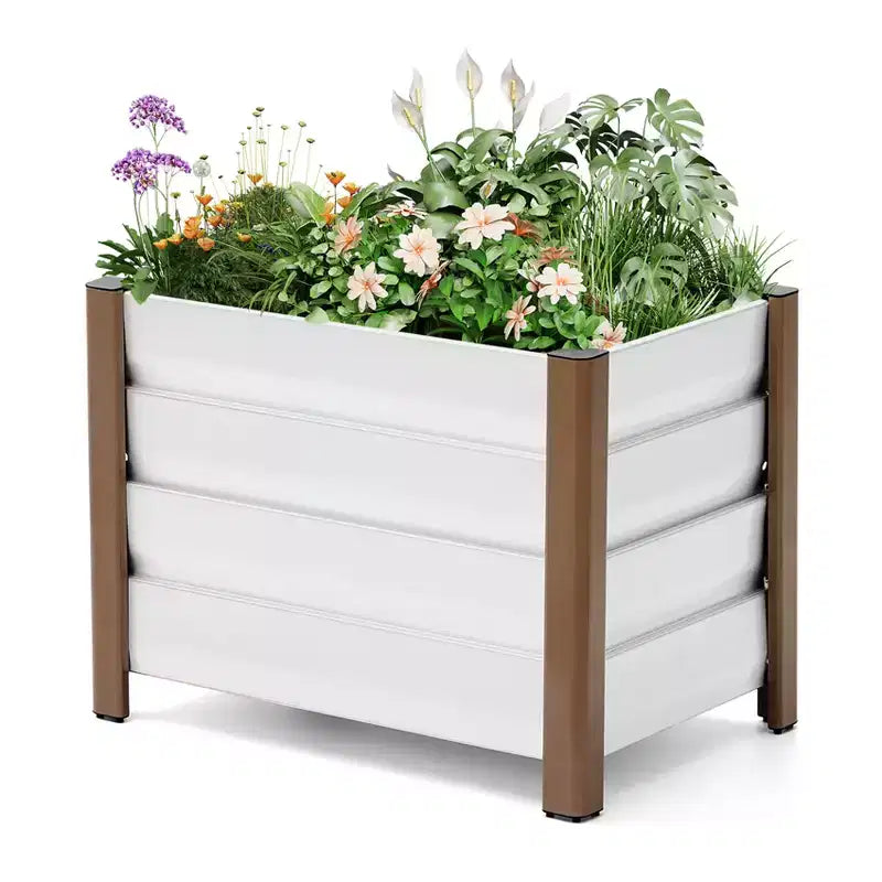 Grand bac jardinière en aluminium blanc, carre de jardin sureleve extra-long avec coins arrondis et bordure de securite anti-coupure