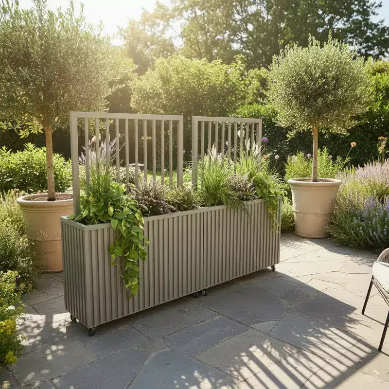 Jardinière cloison en aluminium gris-brun moderne pour espaces intérieurs et extérieurs, jardinière d'intimité avec drainage et finition durable