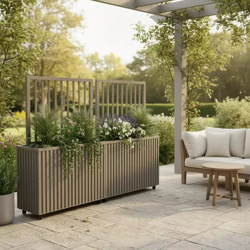Jardinière cloison en aluminium gris-brun moderne pour espaces intérieurs et extérieurs, jardinière d'intimité avec drainage et finition durable