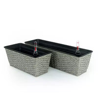 Lot de 2 jardinières rectangulaires auto-arrosantes en osier gris pour l'intérieur et l'extérieur, pot de fleurs avec réservoir, drainage et conception résistante aux intempéries