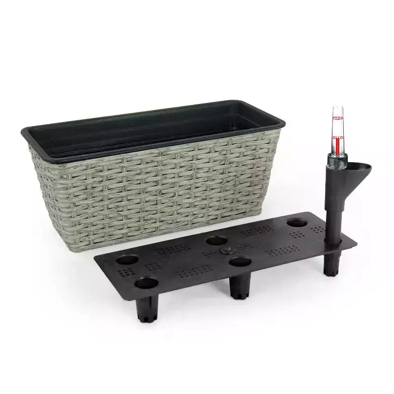 Lot de 2 jardinières rectangulaires auto-arrosantes en osier gris pour l'intérieur et l'extérieur, pot de fleurs avec réservoir, drainage et conception résistante aux intempéries