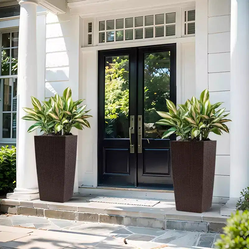 Jardinière auto-irrigante de 76 cm de haut, marron, pour l'extérieur et l'intérieur, grand pot de fleurs en faux rotin avec indicateur de niveau d'eau et seau intérieur