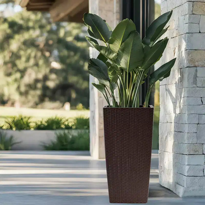 Jardinière auto-irrigante de 76 cm de haut, marron, pour l'extérieur et l'intérieur, grand pot de fleurs en faux rotin avec indicateur de niveau d'eau et seau intérieur