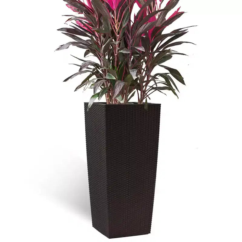 Jardinière auto-irrigante de 76 cm de haut, marron, pour l'extérieur et l'intérieur, grand pot de fleurs en faux rotin avec indicateur de niveau d'eau et seau intérieur