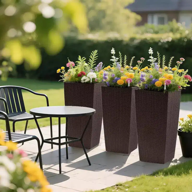 Jardinière auto-irrigante de 76 cm de haut, marron, pour l'extérieur et l'intérieur, grand pot de fleurs en faux rotin avec indicateur de niveau d'eau et seau intérieur