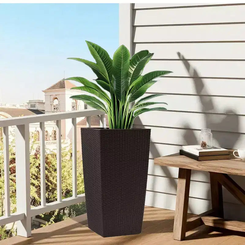 Jardinière auto-irrigante de 76 cm de haut, marron, pour l'extérieur et l'intérieur, grand pot de fleurs en faux rotin avec indicateur de niveau d'eau et seau intérieur