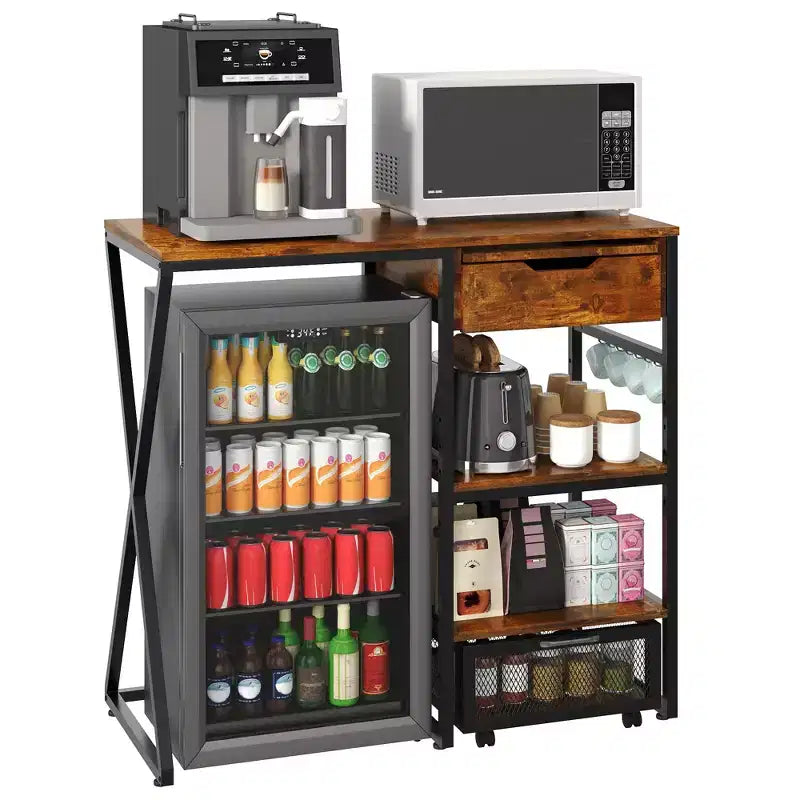 Support de mini-réfrigérateur 3 niveaux avec prise électrique, panier de rangement et plateau de travail coulissant - Rack robuste pour micro-ondes et bar à café pour dortoirs