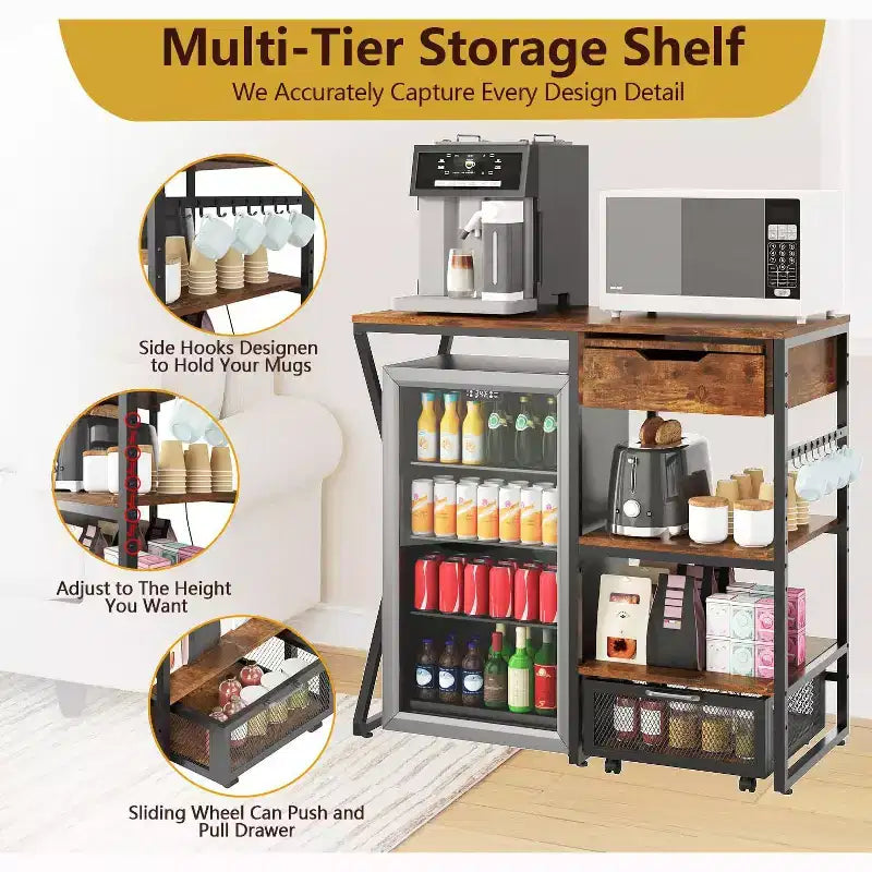 Support de mini-réfrigérateur 3 niveaux avec prise électrique, panier de rangement et plateau de travail coulissant - Rack robuste pour micro-ondes et bar à café pour dortoirs