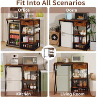 Support de mini-réfrigérateur 3 niveaux avec prise électrique, panier de rangement et plateau de travail coulissant - Rack robuste pour micro-ondes et bar à café pour dortoirs