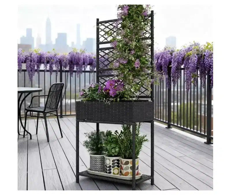 Jardinière autoportante en rotin,pot de fleurs d'extérieur en osier avec treillis pour plantes grimpantes,avec étagère de rangement