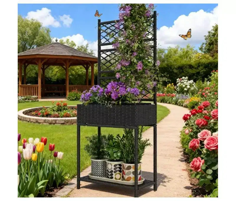 Freestanding Rattan Garden Box,Outdoor Wicker Planter with Trellis for Climbing Plants,with Storage Shelf
