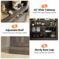 Meuble de bar à café 72" style ferme avec éclairage LED - Grand buffet avec porte-bouteilles et étagère en verre, support pour micro-ondes, garde-manger pour cuisine/salle à manger