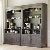 Meuble de bar à café 72" style ferme avec éclairage LED - Grand buffet avec porte-bouteilles et étagère en verre, support pour micro-ondes, garde-manger pour cuisine/salle à manger