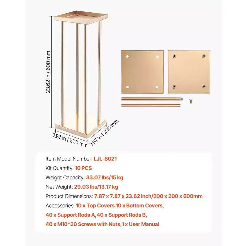Support de fleurs de mariage VEVOR, support de fleurs colonne de 10 pièces de 60 cm, supports floraux avec stratifié métallique, présentoir floral cubique cylindrique, doré