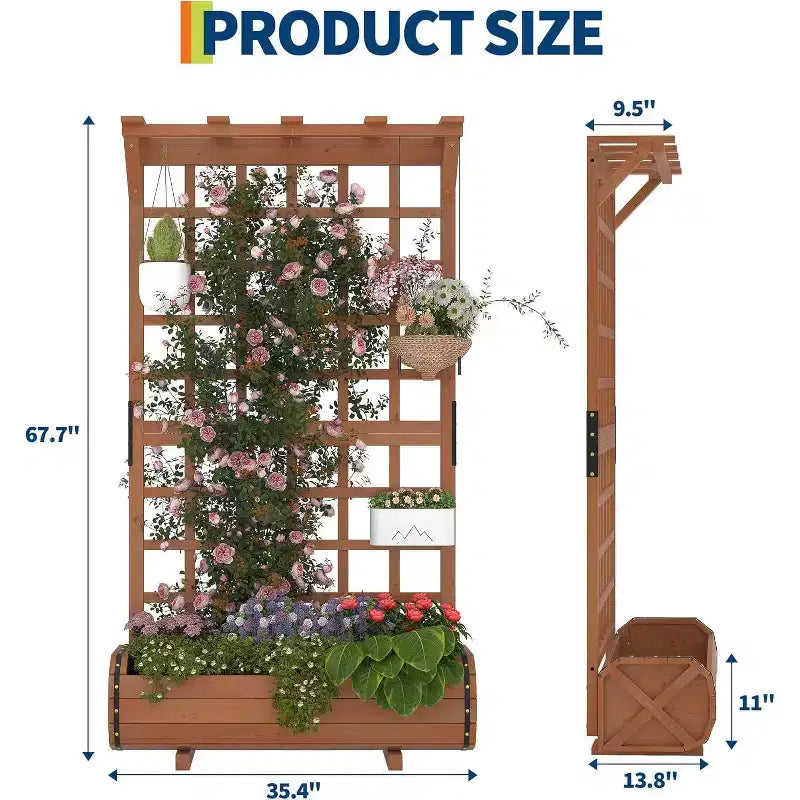 Jardinière surélevée haute de 67 po avec treillis et toit, en bois, pour plantes grimpantes, grande jardinière intérieure/extérieure pour légumes, herbes et fleurs
