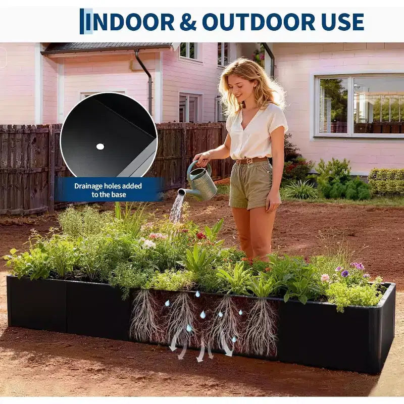 Carré potager surélevé en métal à base ouverte extra long, métal moderne, assemblage par clipsage sans outil, coins arrondis, base ouverte, trous de drainage, pour terrasse, balcon, jardin