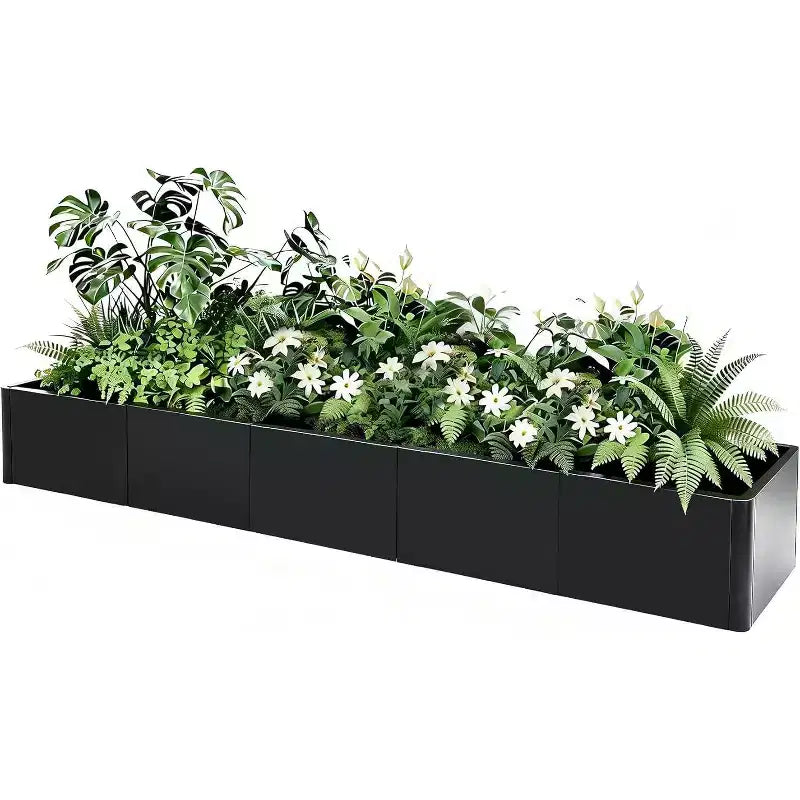 Carré potager surélevé en métal à base ouverte extra long, métal moderne, assemblage par clipsage sans outil, coins arrondis, base ouverte, trous de drainage, pour terrasse, balcon, jardin
