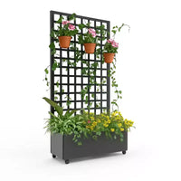 Jardinière mobile galvanisée noire Acekool avec treillis carré, roulettes et drainage pour terrasse, balcon ou jardin