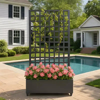 Jardinière mobile galvanisée noire Acekool avec treillis carré, roulettes et drainage pour terrasse, balcon ou jardin