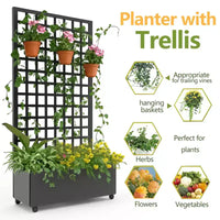 Jardinière mobile galvanisée noire Acekool avec treillis carré, roulettes et drainage pour terrasse, balcon ou jardin