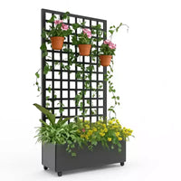 Jardinière mobile galvanisée noire Acekool avec treillis carré, roulettes et drainage pour terrasse, balcon ou jardin
