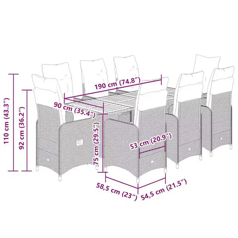 vidaXL Ensemble bistro en résine tressée PE, cadre en acier, bois d'acacia, 6 places