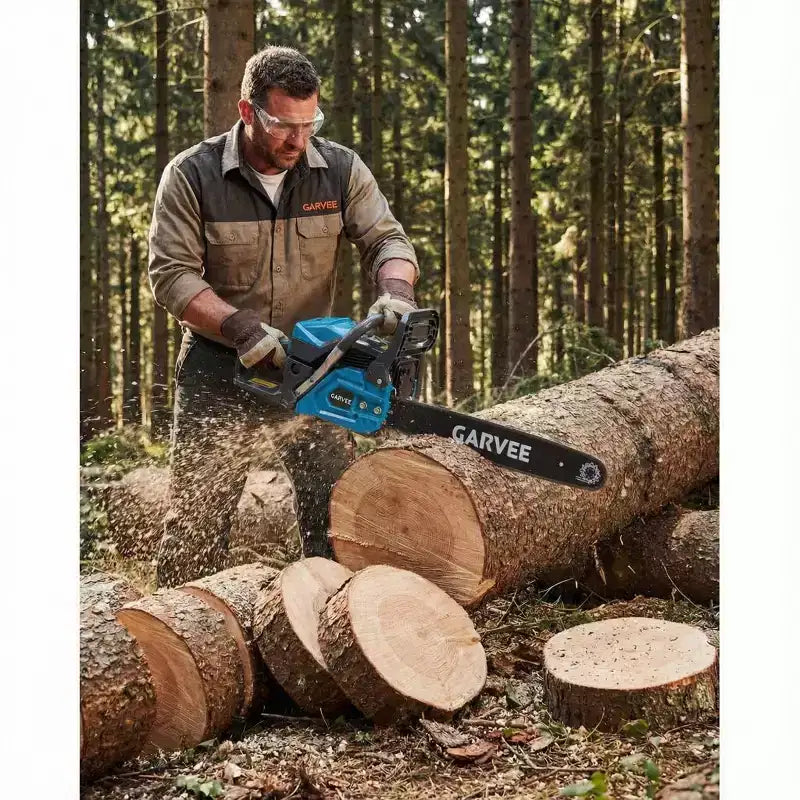 Tronçonneuse thermique 52 cm³ 2 temps, avec lubrification automatique de la chaîne et démarrage rapide, poignée ergonomique pour l'abattage d'arbres et le défrichage intensifs.