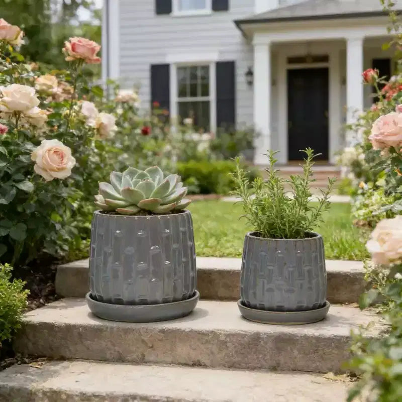 Lot de 2 pots de fleurs en céramique nervurée gris, 14,5 x 13,5 cm, pour l'intérieur et l'extérieur, pour herbes, fleurs et plantes grasses