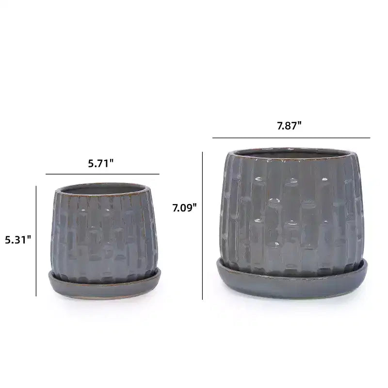 Lot de 2 pots de fleurs en céramique nervurée gris, 14,5 x 13,5 cm, pour l'intérieur et l'extérieur, pour herbes, fleurs et plantes grasses