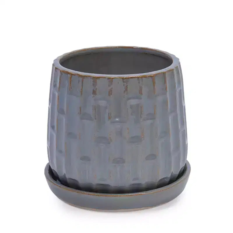 Lot de 2 pots de fleurs en céramique nervurée gris, 14,5 x 13,5 cm, pour l'intérieur et l'extérieur, pour herbes, fleurs et plantes grasses