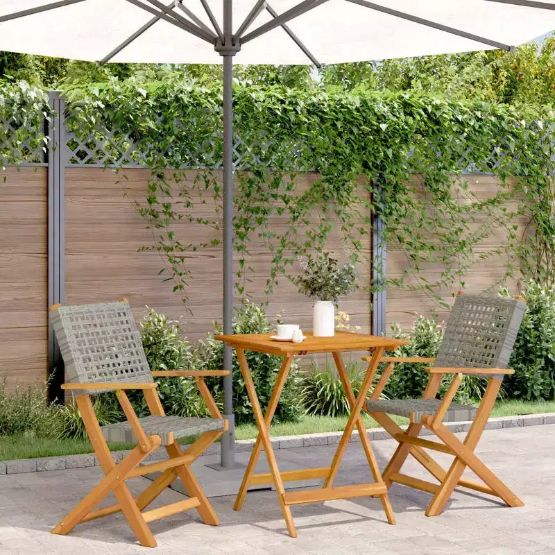 vidaXL Ensemble bistro en bois d'acacia massif, résine tressée PE, moyen, pliable