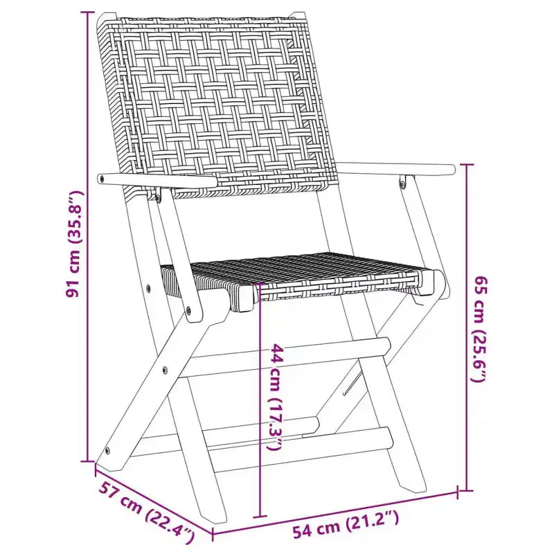 vidaXL Ensemble bistro en bois d'acacia massif, résine tressée PE, moyen, pliable