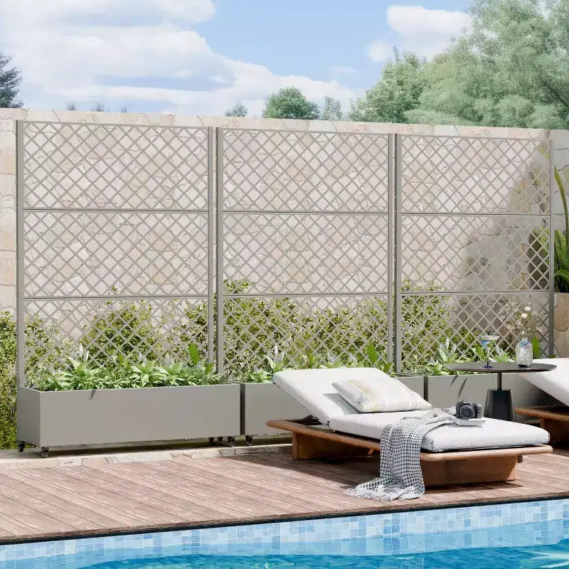 Jardinière en métal avec treillis brise-vue et bac de culture surélevé, jardinière brise-vue autoportante avec roulettes verrouillables, jardinière mobile extérieure et intérieure