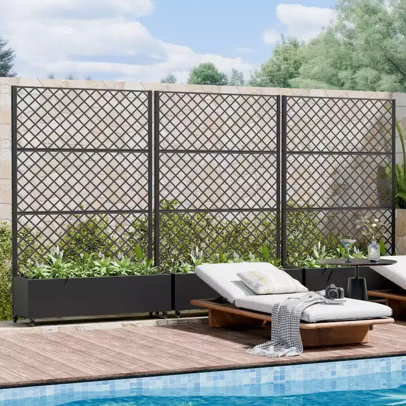 Jardinière en métal avec treillis brise-vue et bac de culture surélevé, jardinière brise-vue autoportante avec roulettes verrouillables, jardinière mobile extérieure et intérieure