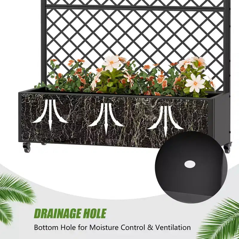 Jardinière en métal avec treillis brise-vue et bac de culture surélevé, jardinière brise-vue autoportante avec roulettes verrouillables, jardinière mobile extérieure et intérieure
