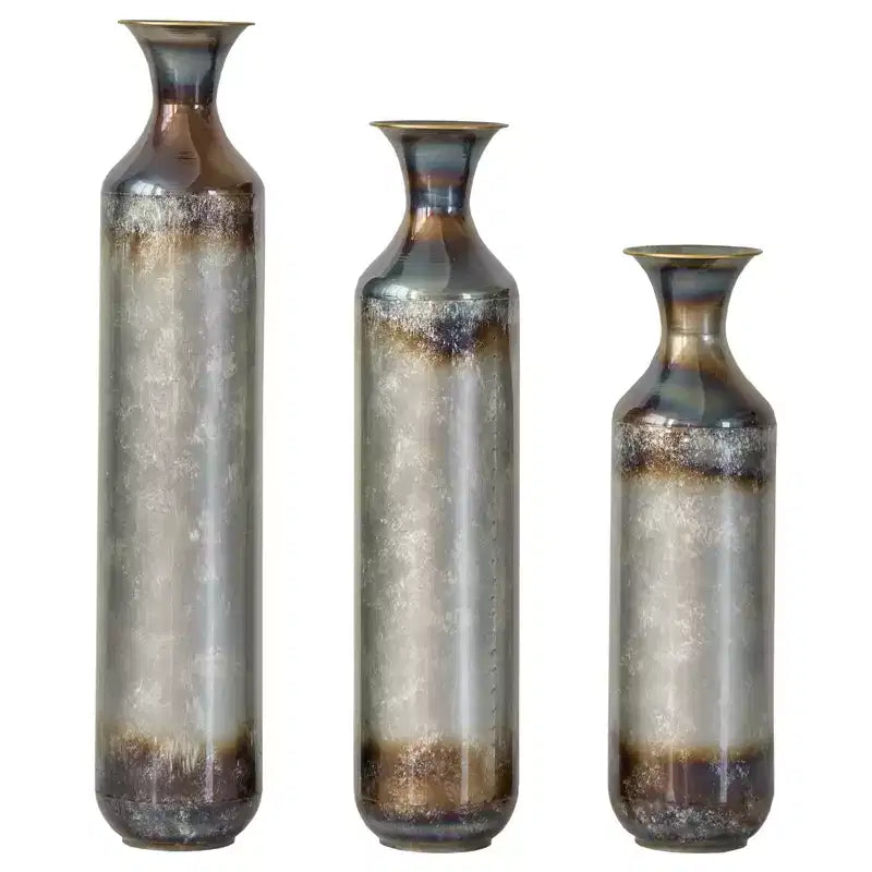 NAYSAYE Lot de 3 vases de sol en métal en forme de goutte, vases décoratifs modernes émaillés pour une décoration intérieure élégante, or et blanc, 21.25*7.8*30.9