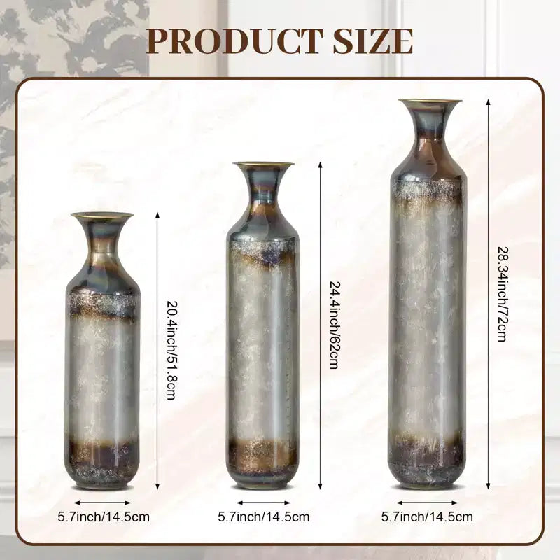 NAYSAYE Lot de 3 vases de sol en métal en forme de goutte, vases décoratifs modernes émaillés pour une décoration intérieure élégante, or et blanc, 21.25*7.8*30.9