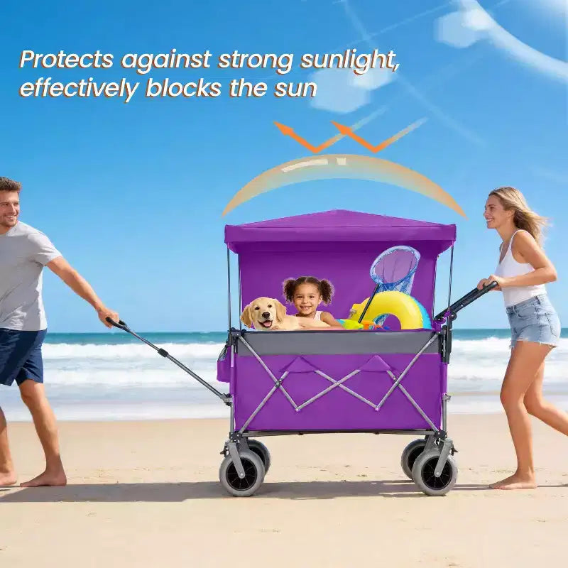 Chariot multifonctionnel Push-Pull avec auvent et pneus de plage 9x4, poignée rotative, capacité de 217 kg et 300 L