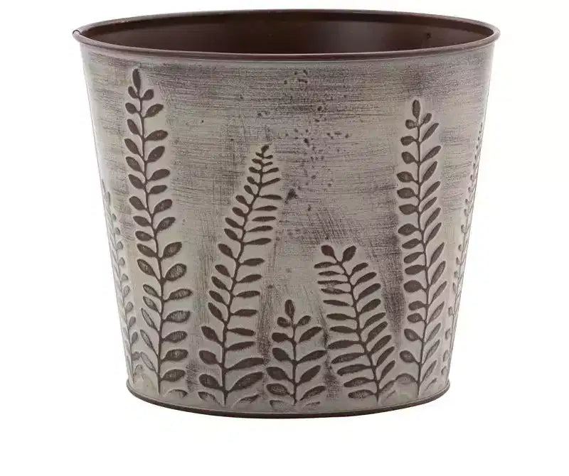 Cache-pot en métal marron vieilli Napco Imports, motif feuille de fougère en relief, 6 x 7 pouces, avec doublure amovible en plastique rigide
