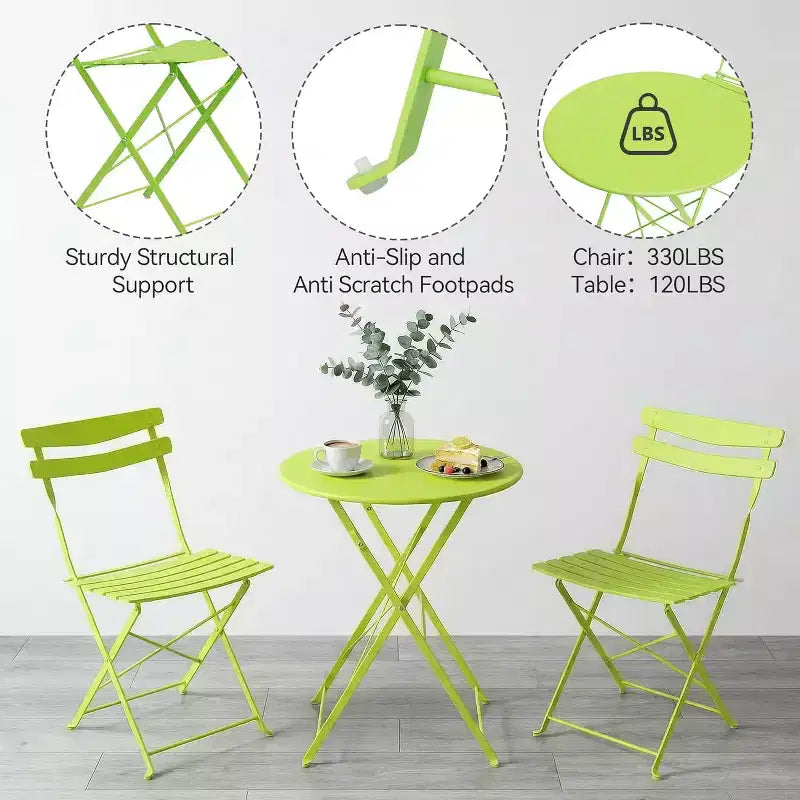 GustoWave Ensemble bistrot pliable 3 pièces en métal avec table ronde et 2 chaises