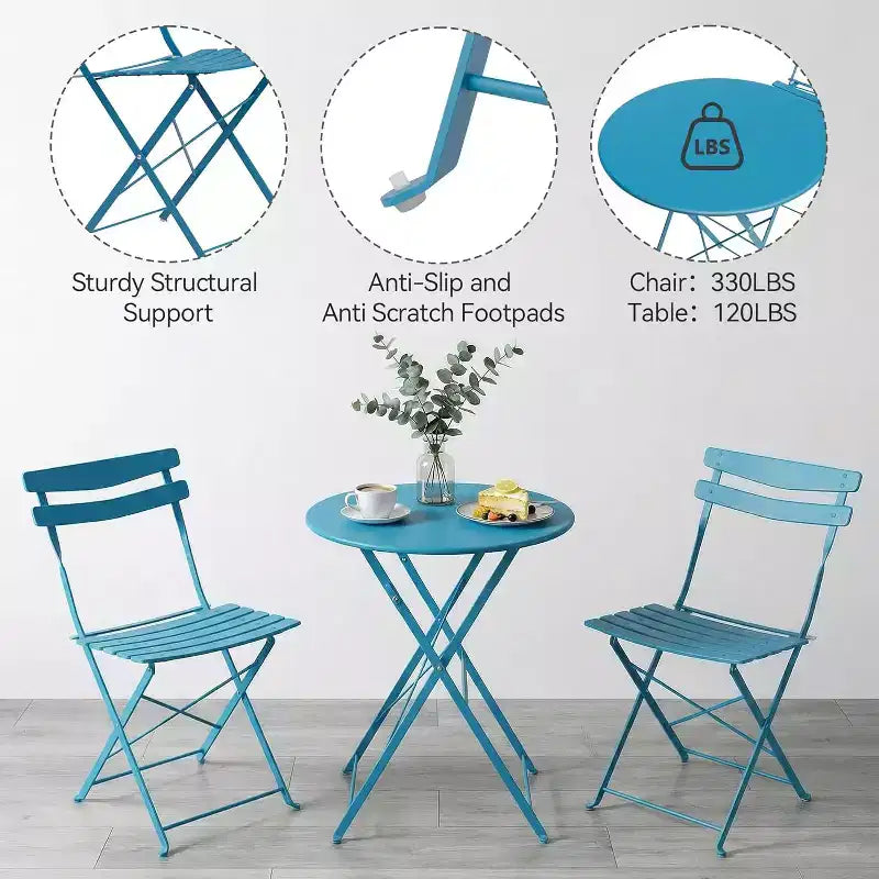 GustoWave Ensemble bistrot pliable 3 pièces en métal avec table ronde et 2 chaises